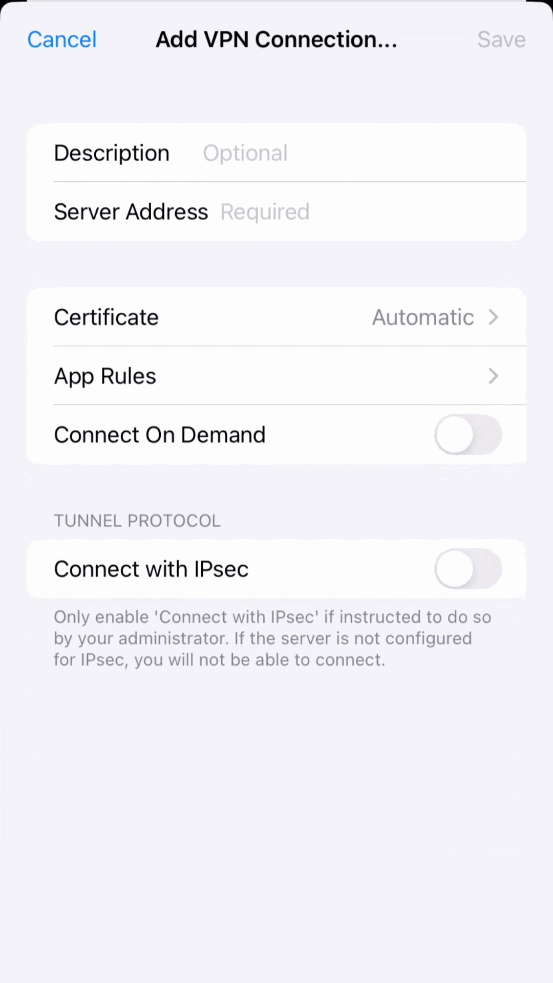 Screenshot showing Description and Server Address fields